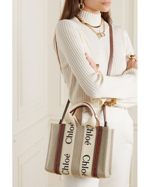 Chloé Natural Net Sustain Woody Small Embroidered Leather-Trimmed Linen Tote