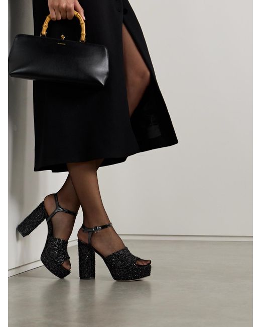 Gianvito Rossi Black 110 Patent-Leather Trimmed Embellished Tulle Platform Sandals