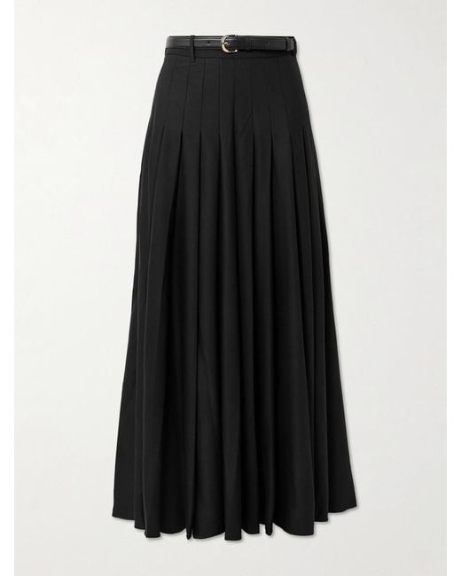 Self-Portrait Black Belted Leather-Trimmed Pleated Twill Maxi Skirt
