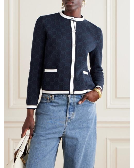 Gucci Blue Striped Jacquard-Knit Cotton Cardigan