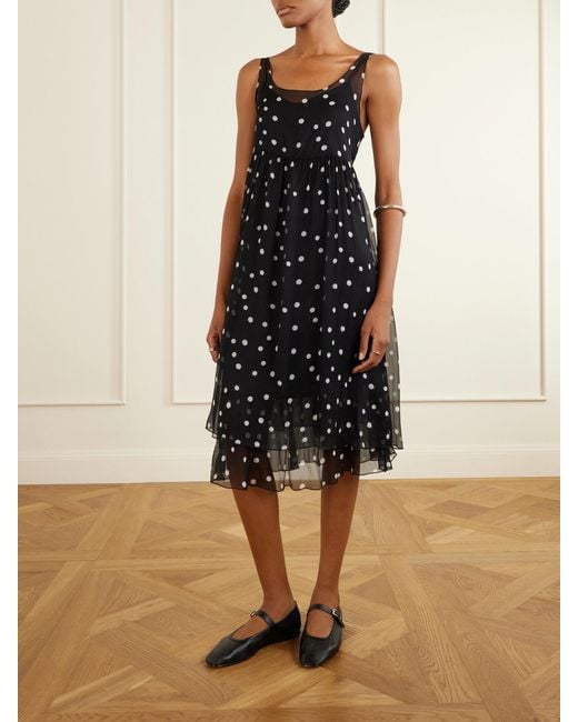 R13 Black Gathered Polka-Dot Silk Midi Dress