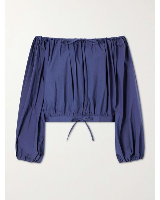 BERNADETTE Blue Ally Off-The-Shoulder Cropped Cotton-Blend Blouse