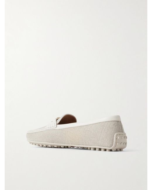 Tod's Natural Embellished Leather-Trimmed Raffia Loafers