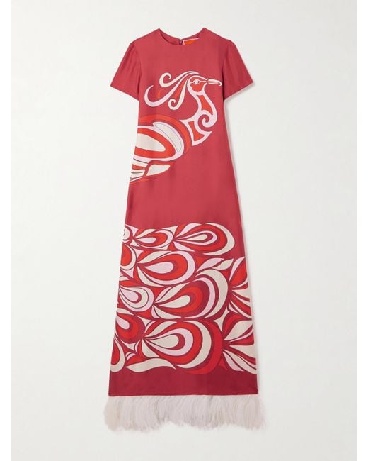 LaDoubleJ Red Swing Feather-Trimmed Printed Silk-Twill Maxi Dress