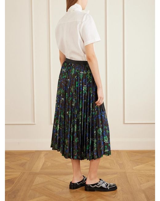 Sacai Black Belted Grosgrain-Trimmed Pleated Floral-Print Georgette Midi Skirt