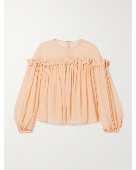 Ulla Johnson Natural Peggy Ruffled Gathered Silk Crepe De Chine Blouse