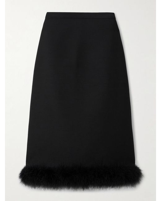 Valentino Garavani Black Feather-Trimmed Wool And Silk-Blend Crepe Midi Skirt