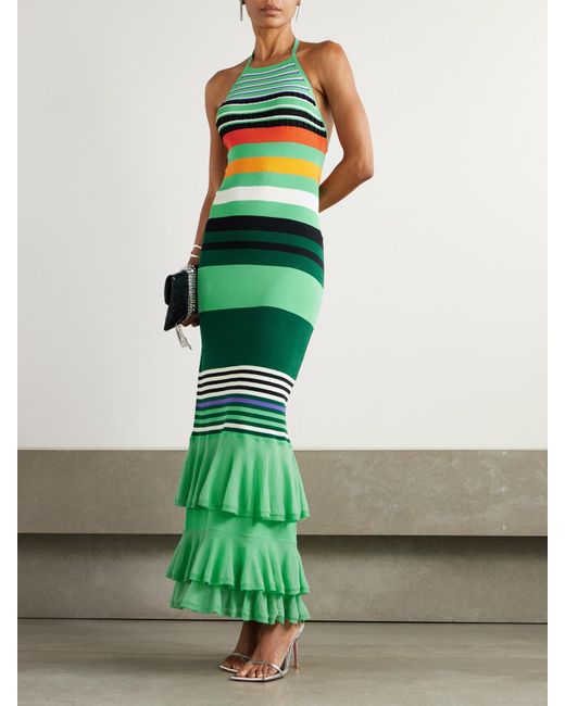 christopher john rogers green dress Ruffled Striped Stretch-Knit Halterneck Maxi in Ebay