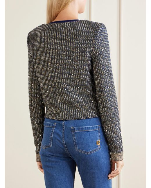 Balmain Blue Metallic-Trimmed Tweed Cardigan