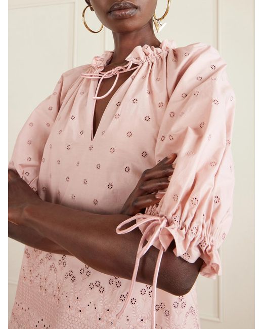 Valentino Garavani Pink Tie-Detailed Gathered Broderie Anglaise Cotton Blouse