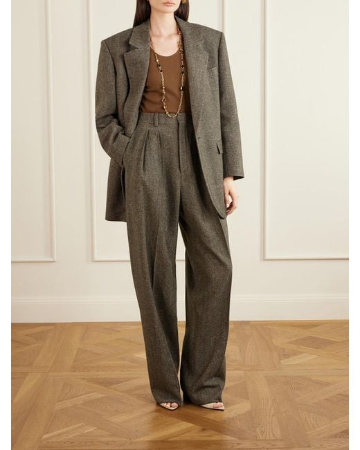 Saint Laurent Natural Pleated Herringbone Wool-Blend Straight-Leg Pants