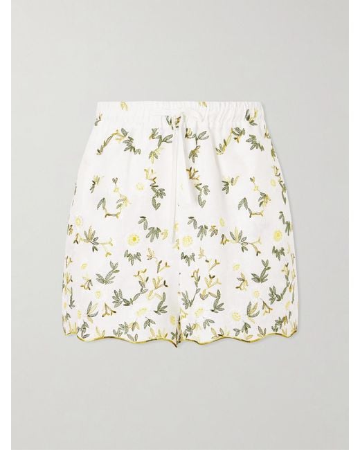 Christiano Marchelli Natural Elena Floral-Embroidered Linen Drawstring Shorts