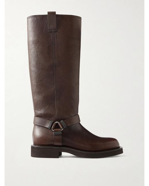 Brunello Cucinelli Brown Bead-Embellished Leather Biker Boots