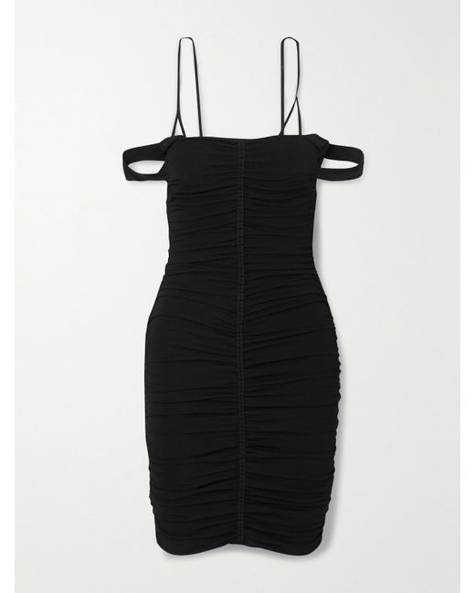 Givenchy Black Cold-Shoulder Crochet-Trimmed Ruched Stretch-Jersey Mini Dress