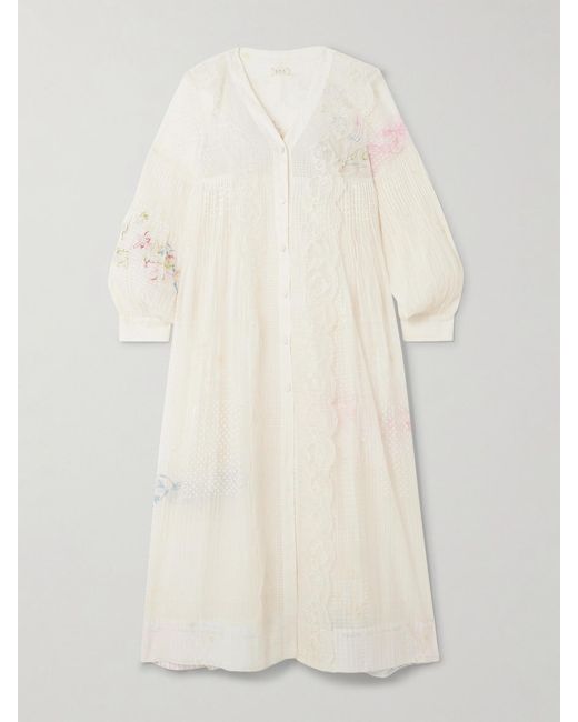 Eka Natural Viola Lace-Trimmed Printed Embroidered Cotton And Silk-Blend Voile Midi Dress