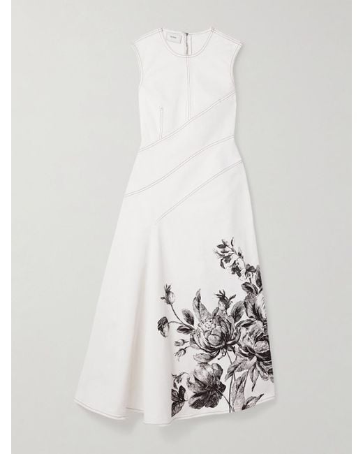 Erdem White Asymmetric Paneled Floral-Print Denim Midi Dress