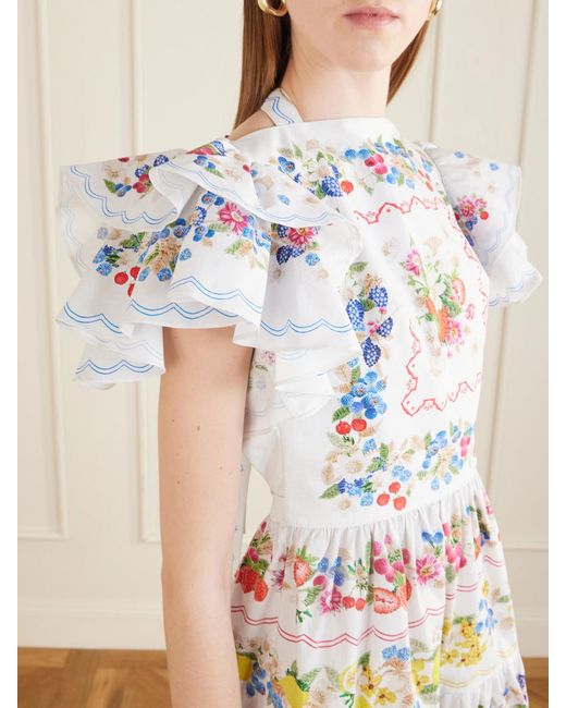 Mary Katrantzou Gray Margarita Ruffled Floral-Print Cotton-Poplin Mini Dress