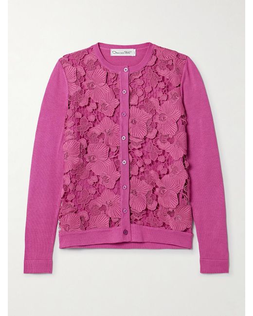 Oscar de la Renta Pink Guipure Lace-Paneled Silk-Blend Cardigan