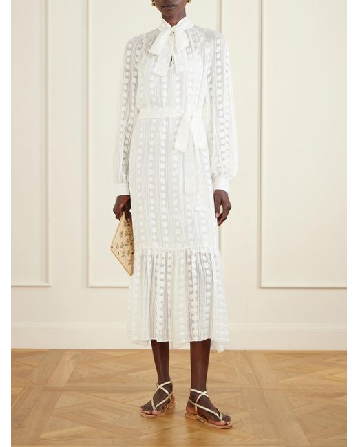 Etro White Pussy-Bow Belted Tiered Jacquard Silk-Chiffon Midi Dress