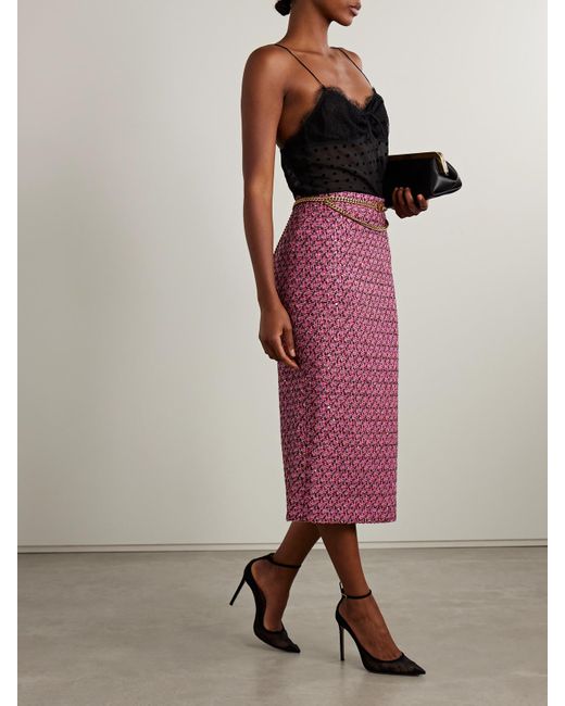 Alessandra Rich Purple Sequin-Embellished Tweed Midi Skirt