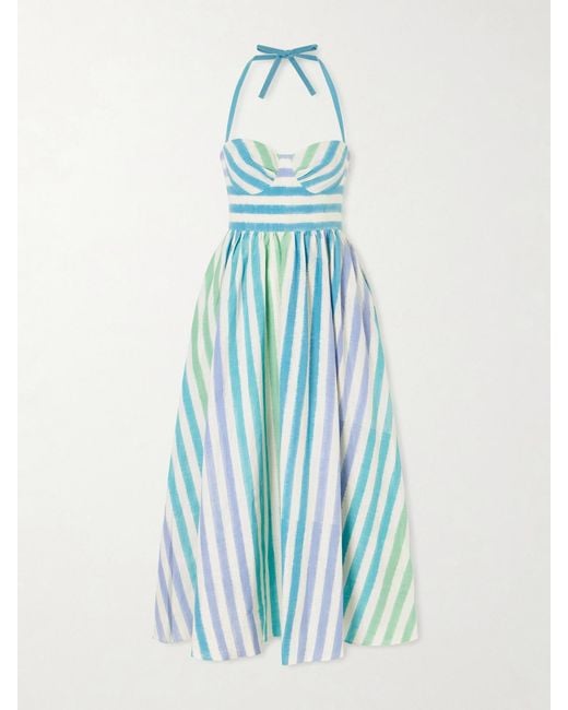 Emporio Sirenuse Blue Johanna Ikat Striped Cotton Midi Dress