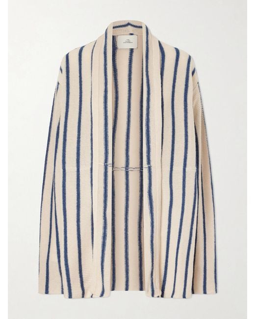 The Elder Statesman White Striped Knitted Cashmere Cardigan
