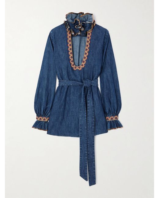 Valentino Garavani Blue Belted Embroidered Ruffled Embellished Chambray Top