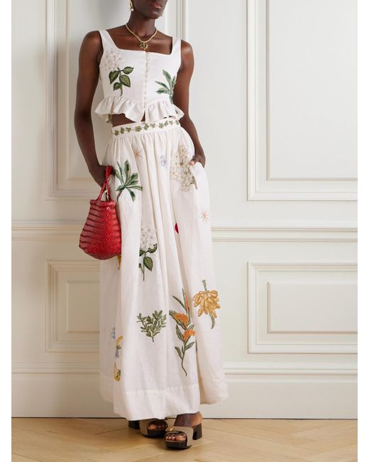 Agua Bendita Natural Eslabon Appliquéd Embroidered Ruffled Linen Bustier Top