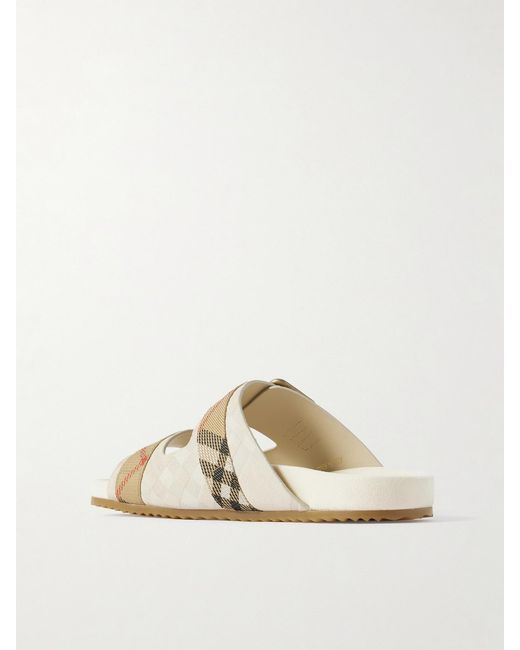 Burberry White Checked Canvas Jacquard-Trimmed Suede Sandals