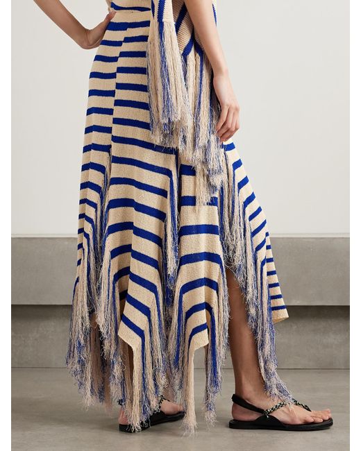 Proenza Schouler Blue Yves Asymmetric Fringed Striped Knitted Maxi Skirt