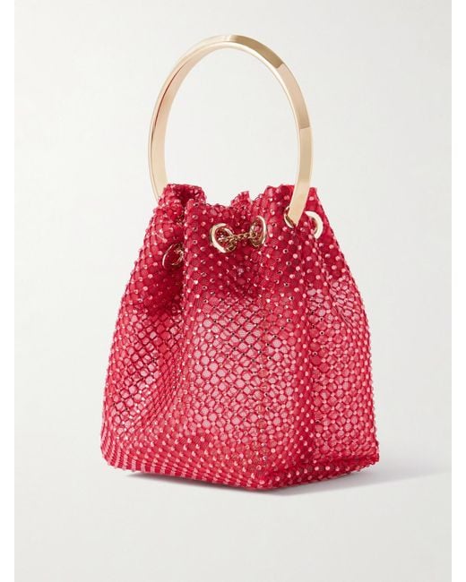 Jimmy Choo Red Bon Bon Crystal-Embellished Mesh Bucket Bag