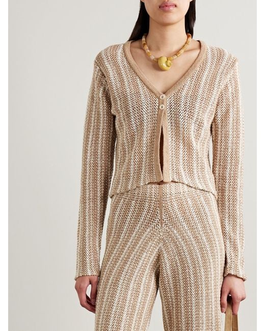 The Elder Statesman Natural Nora Lite Striped Crocheted Cotton Cardigan