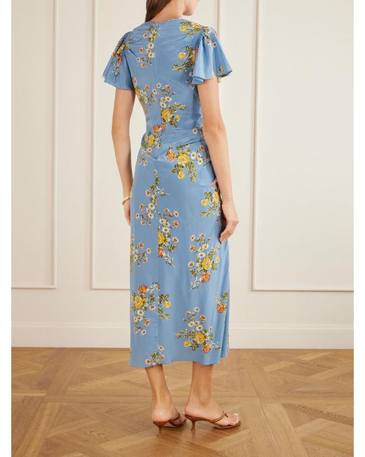 Veronica Beard Blue Huntleigh Gathered Floral-Print Silk-Blend Satin Midi Dress