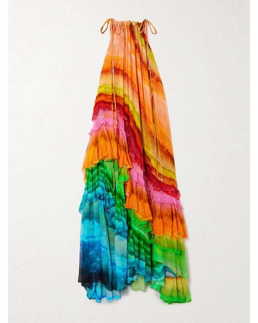 ALÉMAIS White Iris Embellished Ruffled Tie-Dyed Crepon Maxi Dress