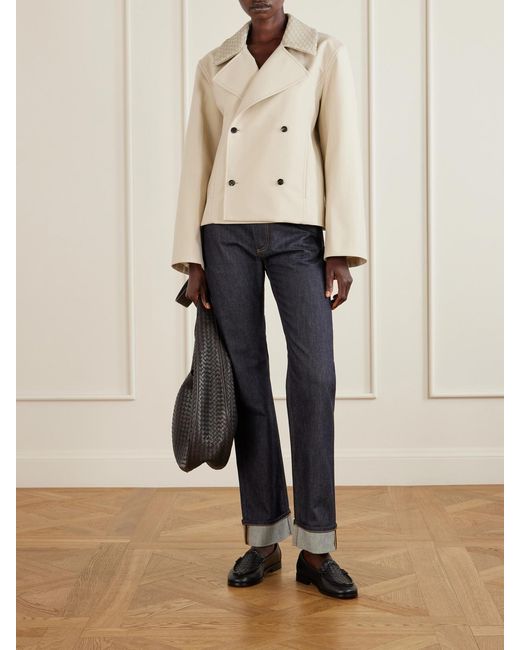 Bottega Veneta Natural Double-Breasted Intrecciato Leather-Trimmed Wool And Cotton-Blend Jacket