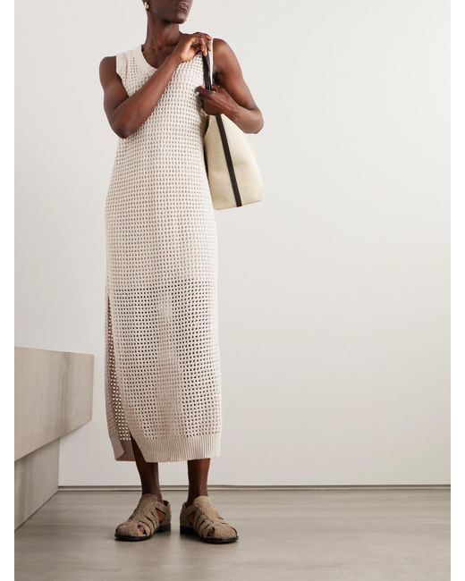Brunello Cucinelli White Sequin-embellished Open-knit Cotton-blend Midi Dress