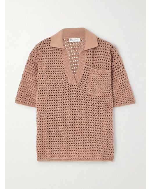 Brunello Cucinelli Pink Sequin-Emhellished Open-Knit Cotton-Blend Polo Top