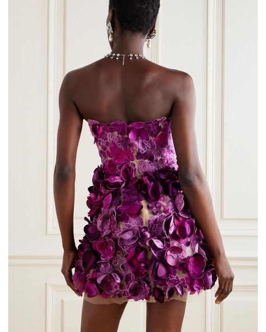 Oscar de la Renta Purple Strapless Floral-Appliquéd Mesh Mini Dress