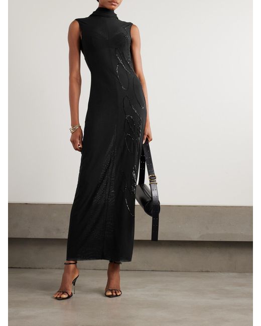 Jean Paul Gaultier Black Embellished Gathered Sequined Tulle Halterneck Maxi Dress