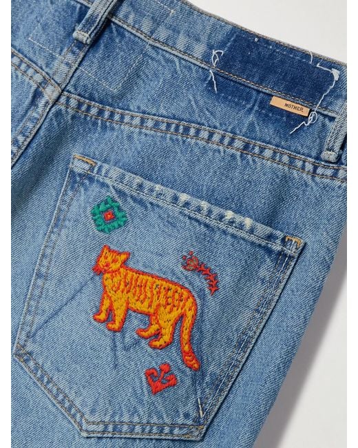 Mother Blue The Dodger Flood Embroidered Mid-Rise Straight-Leg Jeans