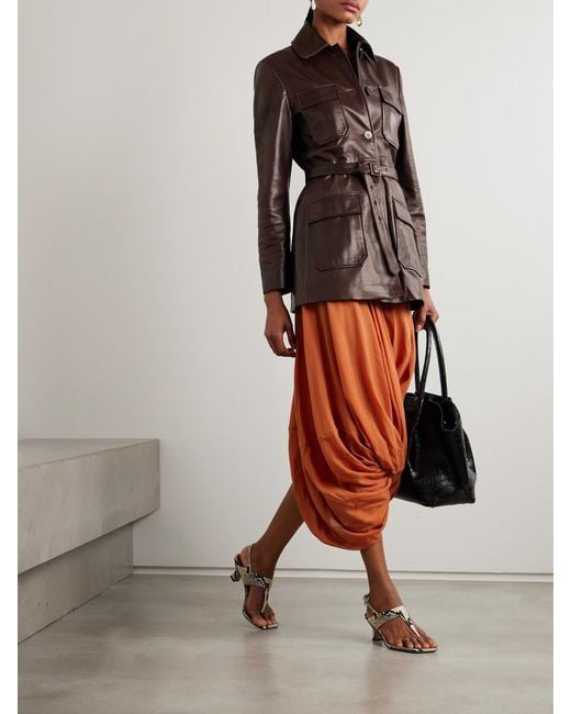 Nour Hammour Brown Ramona Belted Paneled Leather Jacket