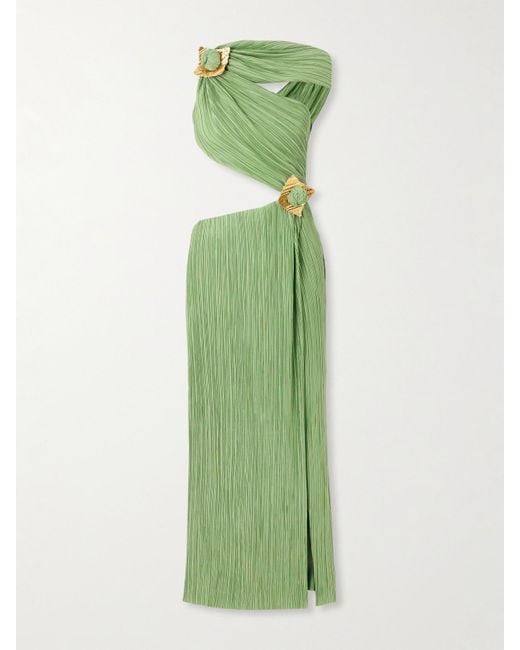 Cult Gaia Loah Asymmetric Cutout Embellished Pliss-Chiffon Midi Dress in  Green | Lyst