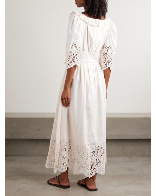 Robe Longue En Voile De Coton Et De Soie Mélangés À Broderie Anglaise, Volants Et Festons Yolande Thierry Colson en coloris Natural