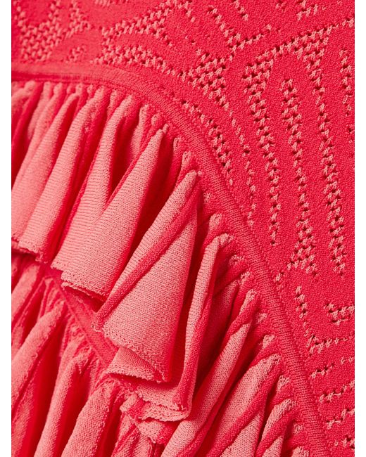 Ulla Johnson Red Kendra Asymmetric Ruffled Two-Tone Pointelle-Knit Tank