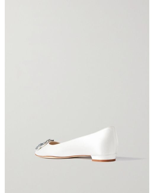 Manolo Blahnik Natural Hangisiflat Crystal-Embellished Satin Point-Toe Flats