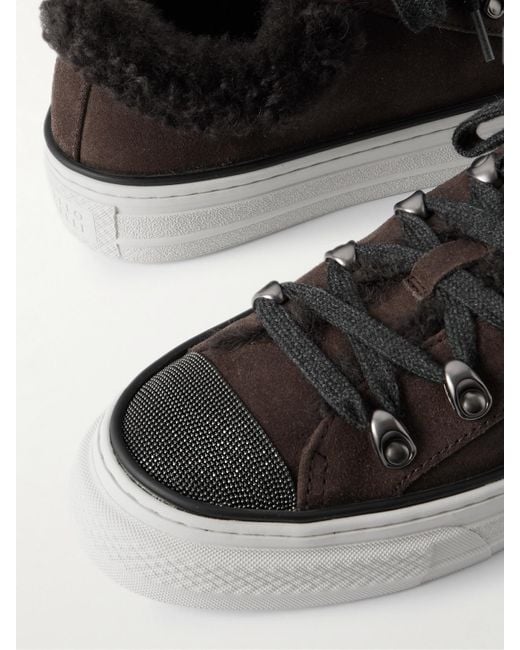 Brunello Cucinelli Brown Sneakers Aus Veloursleder Mit Shearling-Futter Und Zierperlen