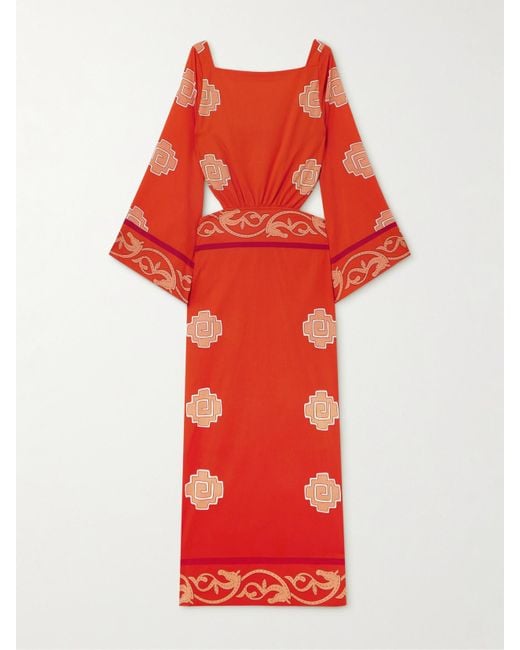 Johanna Ortiz Red Underwater Sanctuary Open-Back Printed Cotton-Poplin Maxi Dress