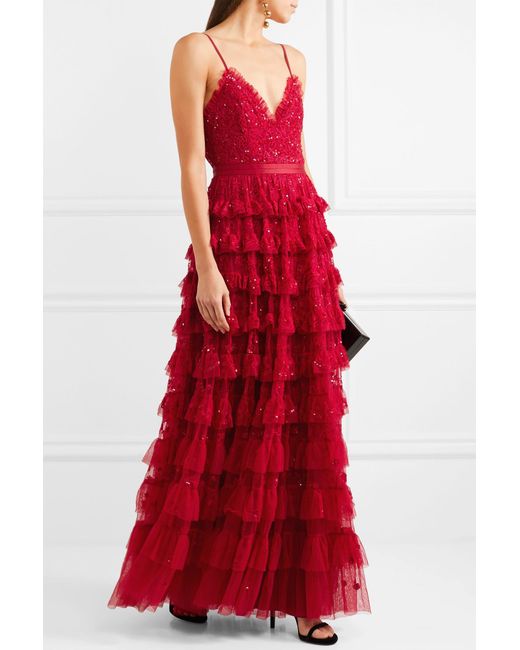 Needle & Thread Marie Tiered Embellished Tulle Gown Crimson | Lyst Australia