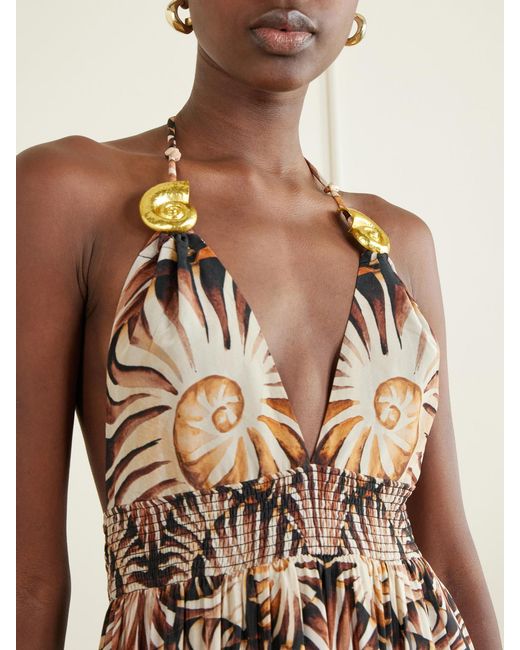 Farm Rio Natural Embellished Printed Shirred Tiered Georgette Halterneck Midi Dress