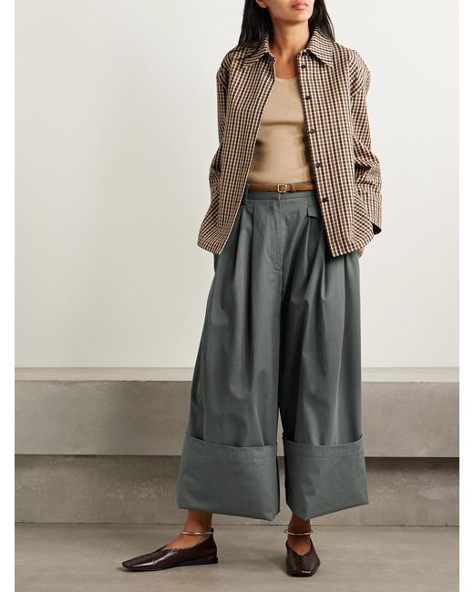 Tibi Gray Pleated Cotton-Twill Wide-Leg Pants